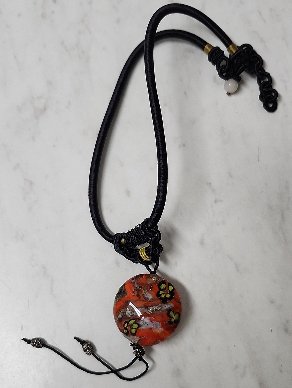Black Cord Necklace with Orange Floral Glass Pendant